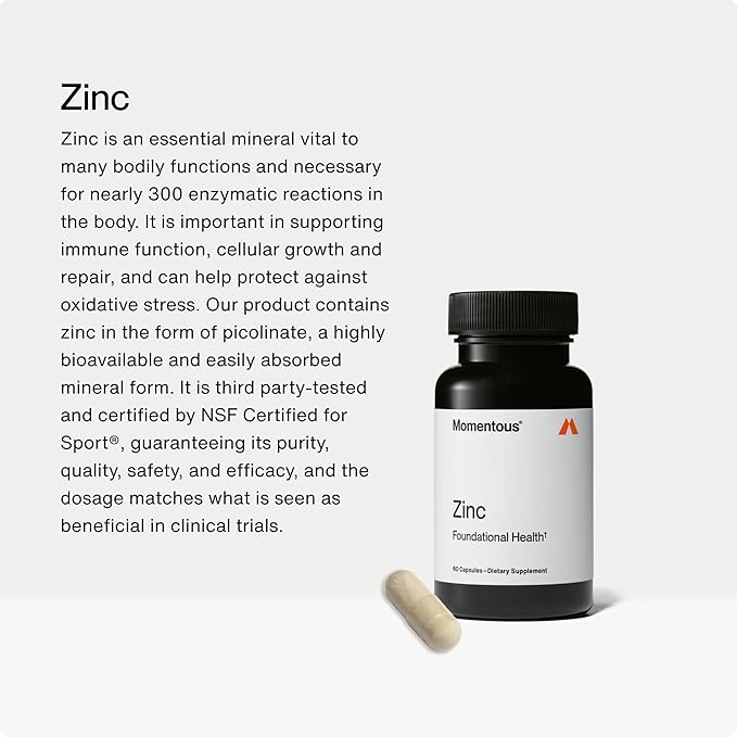 Momentous Zinc Picolinate 15mg - Immunity & Hormone Support - Bioavailable Zinc Supplement - Promotes Joint Health & Lean Muscle Mass - NSF Certified, GMO-Free, Gluten Free, 60 Servings