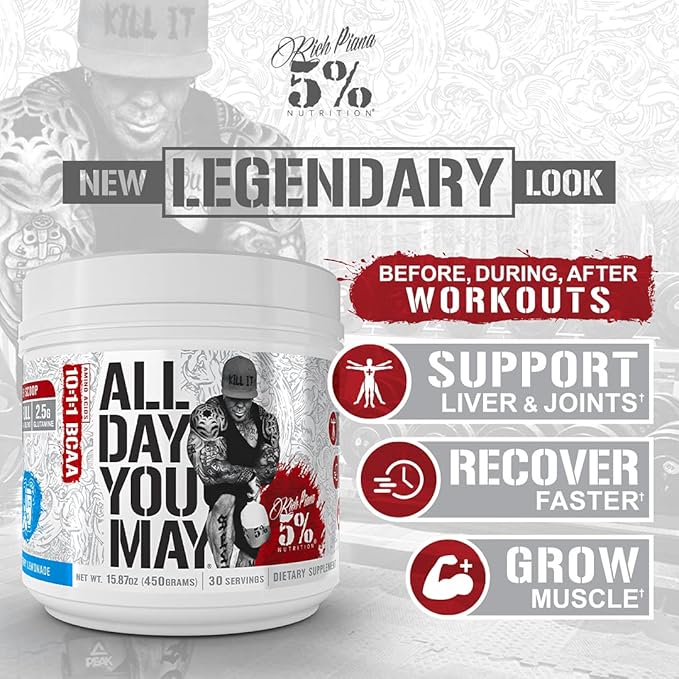 5% Nutrition Rich Piana AllDayYouMay BCAA Powder | Premium Intra & Post Workout Amino Acids, Hydration, Endurance, Muscle Recovery, Joint & Liver Support | 15.3 oz, 30 Servings (Fruit Punch)