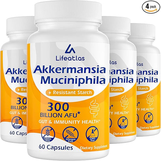 GLP-1 Supplement | 300 Billion AFU Akkermansia Muciniphila, Akkermansia Probiotic for Women Men, Akka Superbiotics for GLP-1 Production, Digestive, Gut, Immunity, Enhances Gut Lining Function, 4 Packs