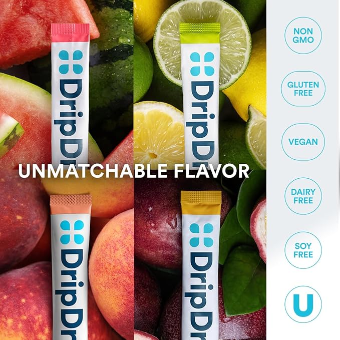 DripDrop Hydration - Zero Sugar Variety Pack - Electrolyte Drink Mix Hydration Powder Packets - Lemon Lime, Watermelon, Peach, Passion Fruit | Non-GMO, Gluten Free, Vegan | 32 Sticks