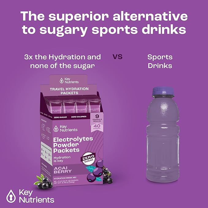 Key NUTRIENTS Multivitamin Electrolytes Powder Packets - Delicious Acai Berry 40 Pack Hydration Packets - Travel Hydration Powder - No Sugar, No Calories, Gluten Free - Made in USA