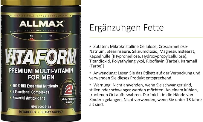 ALLMAX VITAFORM - 60 Tablets - Premium Multivitamin for Men - Six Functional Complexes + Vitamin C, D3 & Zinc - 30 Servings