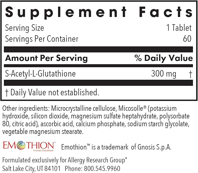 Allergy Research Group Acetyl-Glutathione - S-Acetyl-L-Glutathione, Well Absorbed, Oral Glutathione, Immune Support, 300 mg Supplement - 60 Count