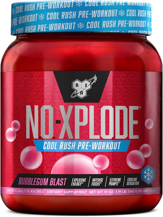 BSN N.O.-XPLODE Cool Rush Pre Workout Powder, Preworkout Energy Supplement for Men and Women with Creatine and Beta-Alanine, New Flavor: Bubblegum Blast, 30 Servings