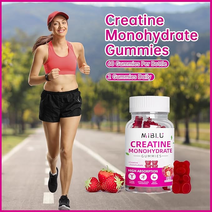 Chewables Creatine Monohydrate for Muscle Strength & Builder, 5000mg Pre-Workout Creatine Monohydrate Gummies for Men & Women, Energy Boost, 60 Count - Strawberry.