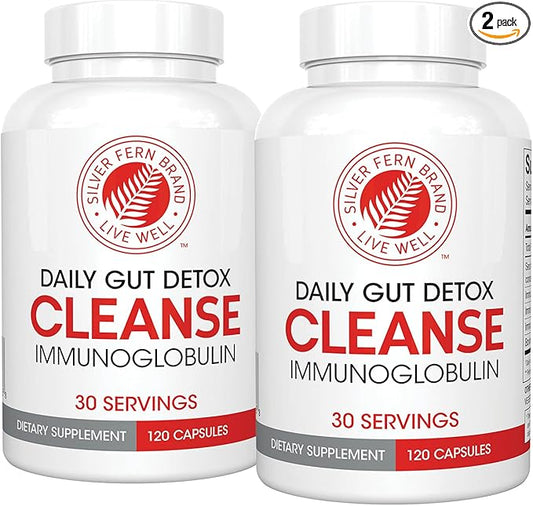 Silver Fern Cleanse - Daily Gut Detox - 2 Bottle - 240 Capsules - 60 Day Supply - Immunoglobulin G, A & M -(IgG, IGA, IgM) - Digestive System Detoxificaton & Immune System Support - Postbiotic