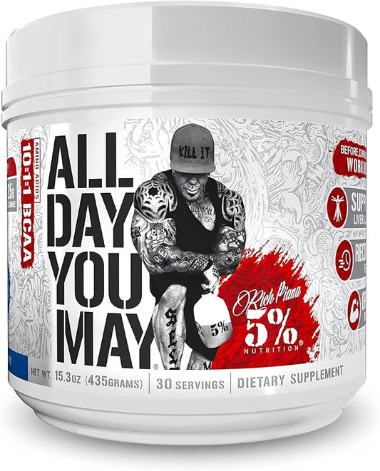 5% Nutrition Rich Piana AllDayYouMay BCAA Powder | Premium Intra & Post Workout Amino Acids, Hydration, Endurance, Muscle Recovery, Joint & Liver Support | 16.4 oz, 30 Servings (Blue Raspberry)