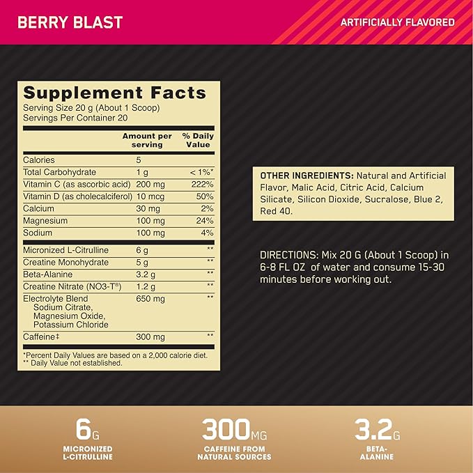Optimum Nutrition Gold Standard Pre Workout Advanced, with Creatine, Beta-Alanine, Micronized L-Citrulline and Caffeine for Energy, Keto Friendly, Berry Blast, 20 Servings