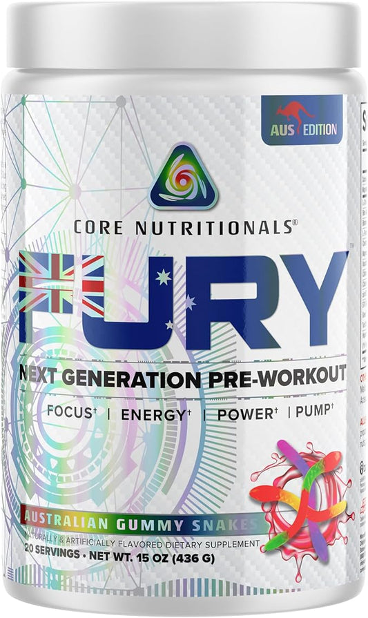 Core Nutritionals Fury Platinum Pre Workout Intensifier with 375mg Caffeine, 5G Creatine Monohydrate, 6G L-Citruline for Maximum Pump, Power, Focus and Energy, 20 Servings (Austrailan Gummy Snakes)