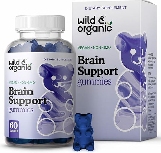 Wild & Organic Brain Support Gummies - Focus Supplement w/Ashwagandha Root, Vitamin B12, Ginkgo Biloba, Bacopa - Vegan Chews for Clarity & Productivity - 60 Brain Gummies