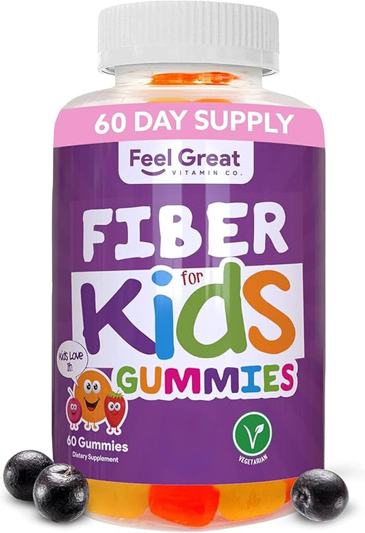 Feel Great Fiber Gummies for Kids Digestive Support | Constipation Relief for Kids | Fruity Flavored Chewable Kids Fiber Gummies | Vegetarian Supplements | 60 Day Supply