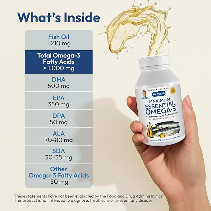 ANDREW LESSMAN Maximum Essential Omega-3 Unflavored, 30 Softgels - Ultra-Pure Omega-3 Fish Oil 1200 mg - High DHA, No Mercury Fish Oil Omega 3 Supplement - Small, Easy to Swallow Fish Oil Capsules
