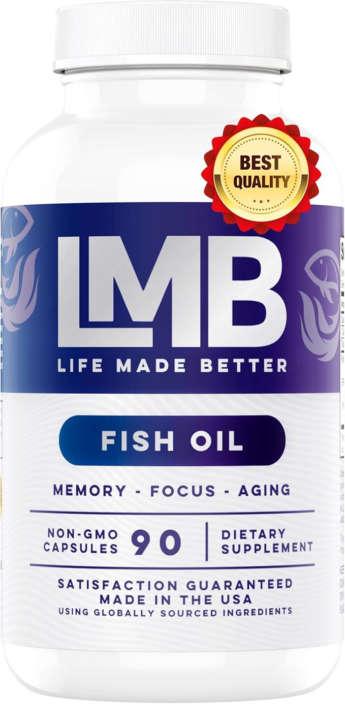 Wild Caught Omega 3 Fish Oil 3000mg - Triple Strength Burpless DHA 900mg + EPA 1200mg Non-GMO - Enteric Coated with No Aftertaste - LMB (90 Soft Gels)