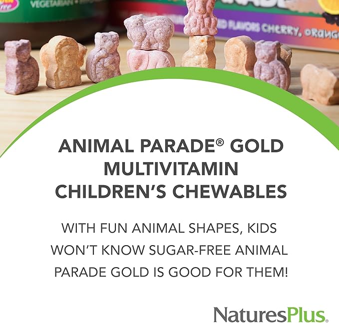 Natures Plus Animal Parade Source of Life Gold Children's Multivitamin - Orange Flavor - 120 Chewable Animal Shaped Tablets - Immune Support Supplement - Gluten-Free - 60 Servings