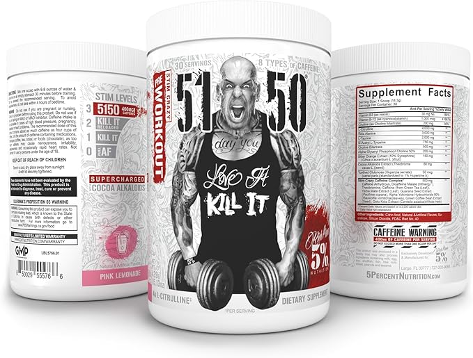 5% Nutrition Rich Piana 5150 High Stim Pre-Workout Powder | Extreme Energy, Focus, Pumps & Endurance | 400 mg Caffeine, Citrulline, Beta Alanine, N-Acetyl L-Tyrosine | 30 Srvgs (Pink Lemonade)