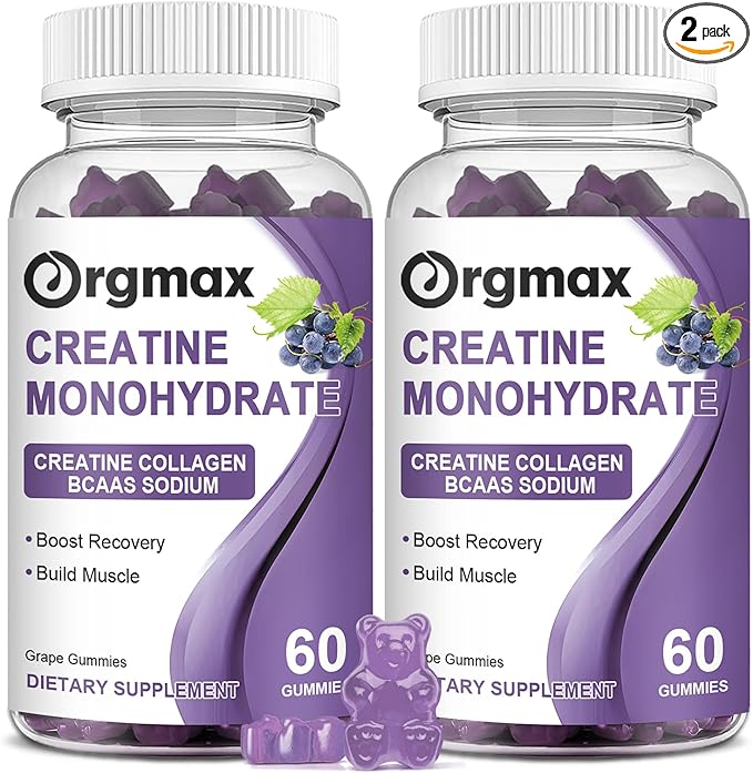 Creatine Monohydrate Gummies, Delicious Grape Flavored for Men & Women, Enhanced with Collagen & BCAA, Easy-to-Swallow Chews for Muscle Strength, Energy Boost, Pre-Workout Supplement(2 Pack)