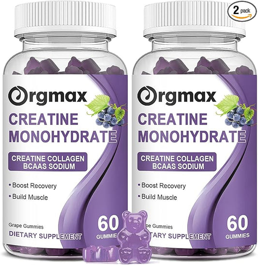 Creatine Monohydrate Gummies, Delicious Grape Flavored for Men & Women, Enhanced with Collagen & BCAA, Easy-to-Swallow Chews for Muscle Strength, Energy Boost, Pre-Workout Supplement(2 Pack)