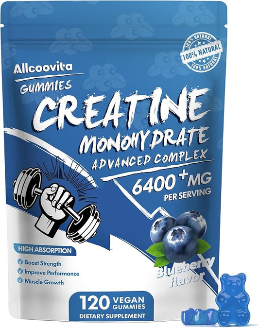 Creatine Monohydrate Gummies Complex 6400mg for Men & Women - 120 Gummies Advanced Formula, L-Taurine + Vitamin B12 for Muscle Strength, Muscle Builder, Energy Boost, Pre-Workout Supplement -Blueberry