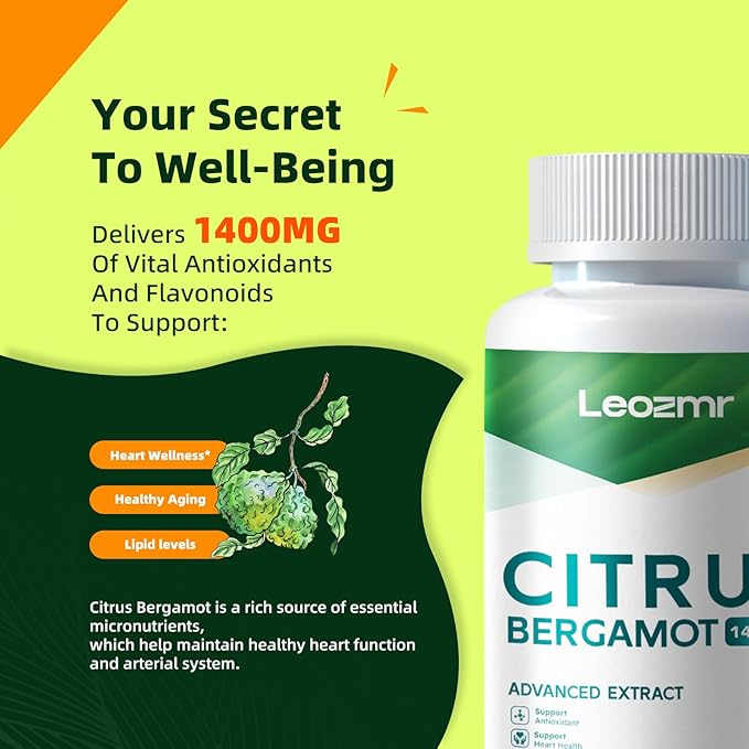 Organic Citrus Bergamot 1400mg, 120 Capsules - 25:1 Citrus Bergamia - Essential Oil and Citrus Bioflavonoids - Natural Heart Health Supplements for Women and Men - Non-GMO Pills