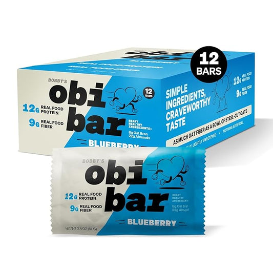 Obi Bar Blueberry - Protein and Oat Fiber Bar | All Natural | Meal Bar | Heart and Gut Health | Lightly Sweet | Natural Blueberries | Almond Chunks | Soy Free, Dairy Free | Breakfast Bar