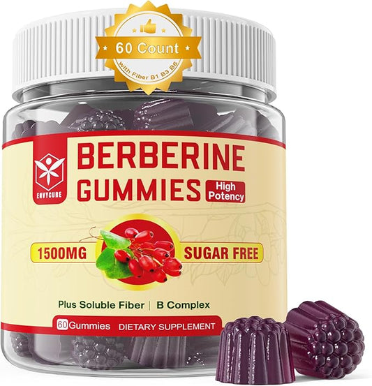 Berberine Supplement 1500mg with Soluble Fiber, B1, B3 & B6, Sugar Free Berberine HCL Gummies, High Bioavailability AMPK Activitor for Metabolism Balanced, Daily Digestive & Body Management, 60 Cts