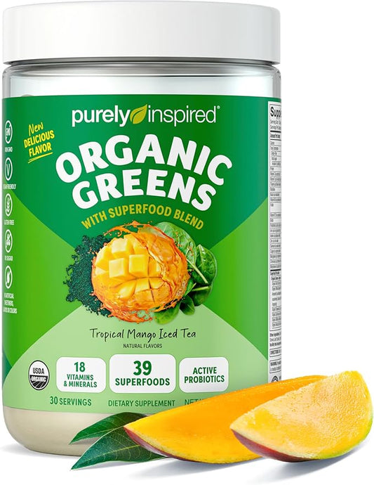 Purely Inspired Organic Green Powder Smoothie Mix, Tropical Mango Iced Tea Flavor (30 Servings) - Probiotics for Digestive Health with Spirulina & Chlorella for Gut Health - Vegan & Gluten-Free