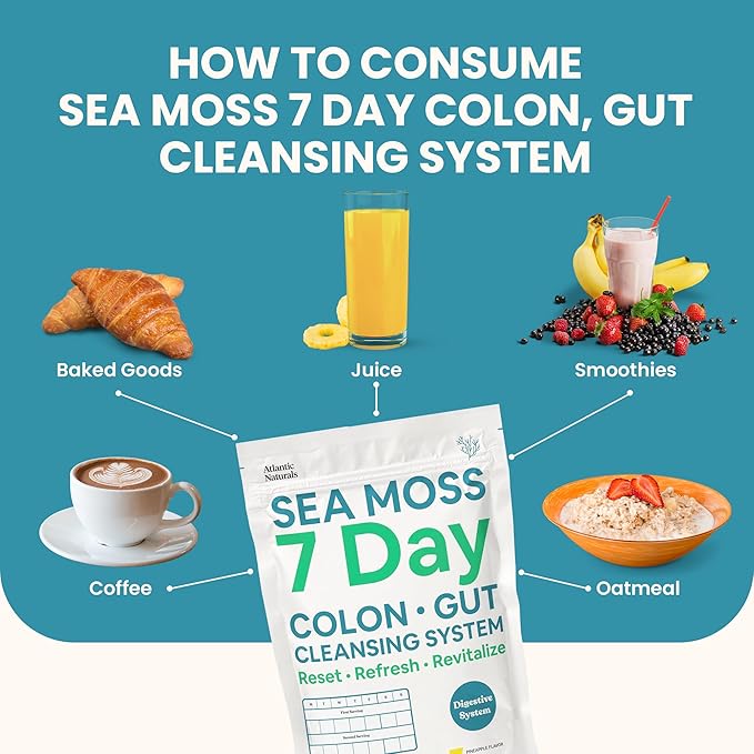 Atlantic Naturals - Sea Moss 7-Day Cleanse Colon & Gut Detox - Juice Cleanse Support with Psyllium Husk Senna Powder - Body Cleanse and Detox for Women & Men - Pineapple Flavor Mix Detox Drink (14 oz)