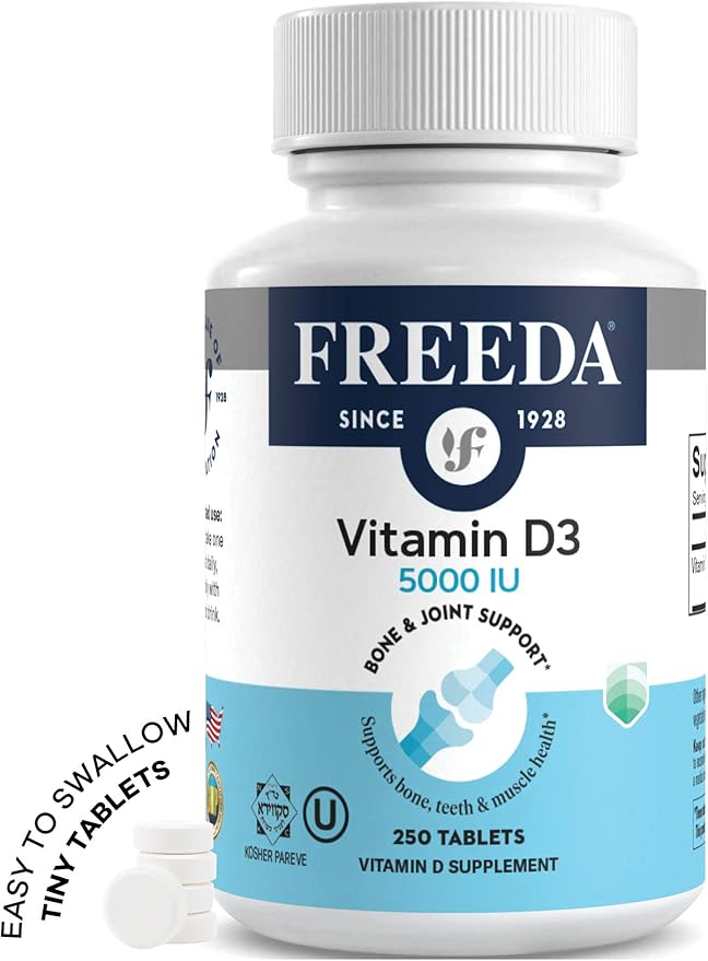 FREEDA Vitamin D3-5000 IU - Pure High Potency Kosher Supplement Tablets - Bone and Muscle Health, Calcium Absorption, Immune Support for Men and Women* - 250 Count