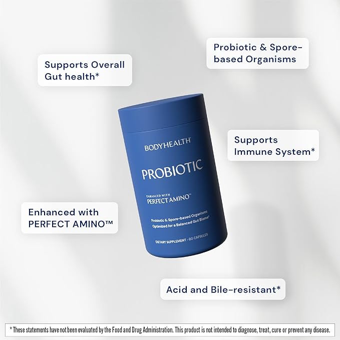 BodyHealth Probiotic Enhanced with PerfectAmino, Digestive Probiotic for Women and Men, Spore Based Probiotic with Bifidobacterium, Lactobacillus Salivarius, Lactobacillus Acidophilus (60 Capsules)