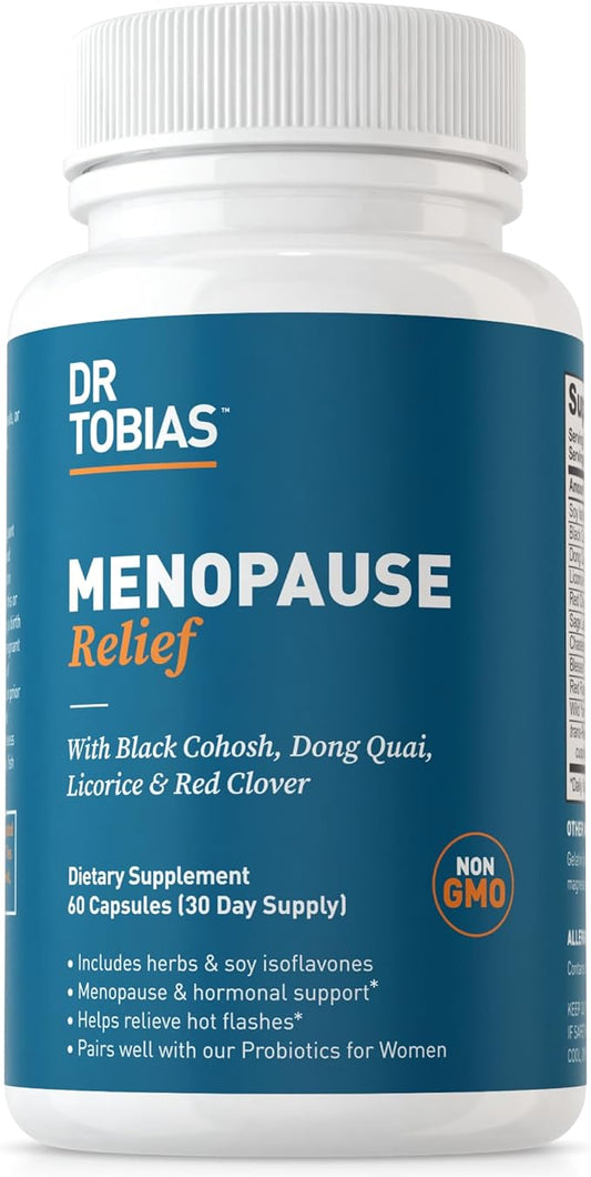 Dr. Tobias Menopause Relief Supplement with Black Cohosh, Soy Isoflavones, and Don Quai, Hot Flash Relief & Night Sweats Relief for Women, Non-GMO, 60 Capsules, 30 Servings