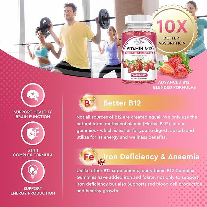 Vitamin B12 Gummies - 5000 mcg Methylcobalamin with Iron, Vitamin C, D3 & Folate, Energy Support and Metabolism, Immune, B-12 Complex Chewable Supplement for Men & Women,Strawberry Flavor