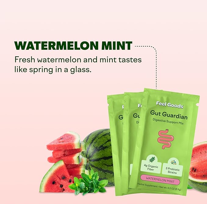 Feel Goods Gut Guardian, Prebiotic & Probiotic Powder, Organic Fiber, Sugar Free, Herbs for Bloat, Gut Health Support, Digestive Health for Men & Women, Non GMO, Vegan | Watermelon Mint, 15 Count