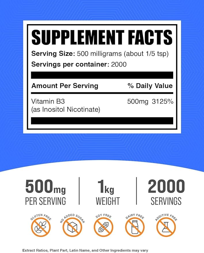 BulkSupplements.com Flush Free Niacin Powder - as Inositol Hexanicotinate, Vitamin B3 Supplement, Niacin 500mg Flush Free - Gluten Free, 500mg of per Serving, 1kg (2.2 lbs) (Pack of 1)