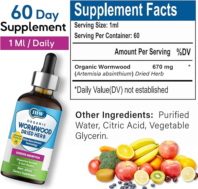 IHW Wormwood Liquid Drops, Organic Wormwood Drops with Black Walnut for Digestive and Intestinal System Support, Extra Strength Oral Gut Health Supplements