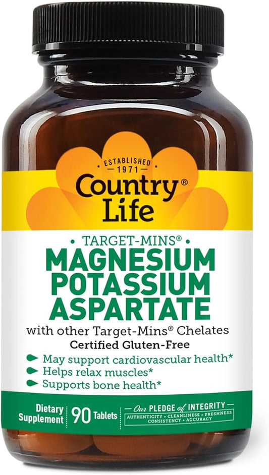 Country Life Target-Mins Magnesium Potassium Aspartate, 600mg/198mg, 90 Tablets, Certified Gluten Free, Certified Vegan