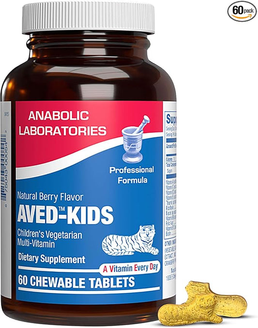 Vitamins for Kids Multivitamin with Iron - 60 Chewable Tiger Tablets with Vitamins A, B-Complex, C, D, E, Iron, Calcium, Magnesium, Zinc, and More - Natural Berry Flavor - AVED Kids
