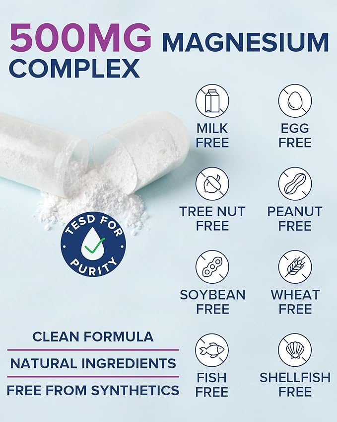 Terranics 5-in-1 Magnesium Complex Supplement 500mg - 5 Forms High Absorption Magnesium Glycinate Citrate Malate Aspartate Gluconate - Non-GMO 240 Vegan Magnesio Capsule for Sleep Muscle Heart Health