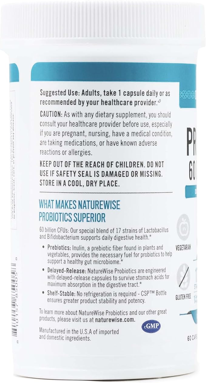 NatureWise Probiotics 60 Billion CFU - 17 Strains + Organic Prebiotics - Immune, Digestive & Gut Health Support for Women & Men - Vegetarian, Gluten-Free, Non-GMO - 60 Capsules[2-Month Supply]