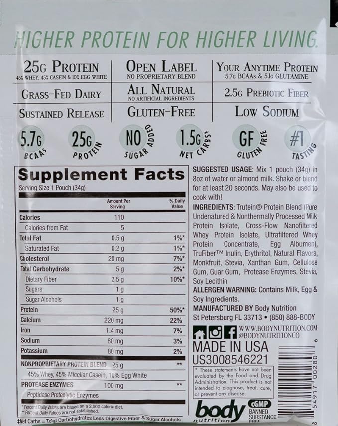 Body Nutrition Trutein Naturals Vanilla Bean Protein Blend Sample 34g Natural Grass Fed Protein Shakes/Shake, Meal Replacement Drink Mix, Post Workout Recovery Shake Powder, Breakfast Shake