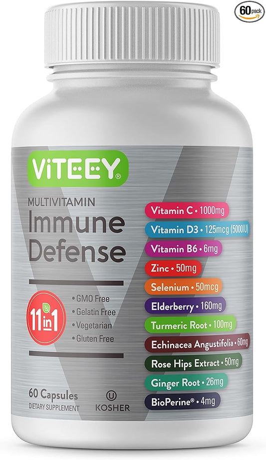 11 in 1 Multivitamin Immune Defense Supplement - Immune Booster Capsules with Vitamin D3, Vitamin B6, Echinacea, Turmeric, Rose-HIPS, Selenium, BioPerine, Ginger, Elderberry Vitamin C and Zinc