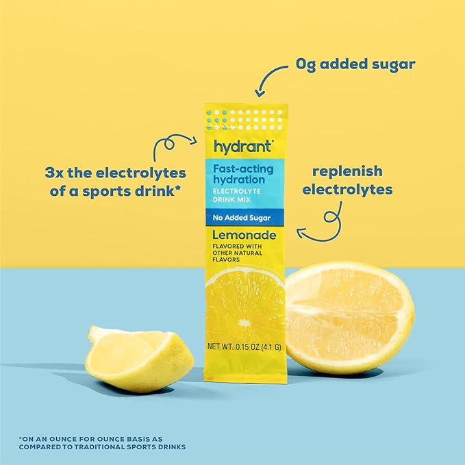 Hydrant Hydrate No Added Sugar, Individual Hydration Electrolye Powder Stick Packets with Zero Sugar and FSA & HSA Eligibility (Lemonade, 30 Count)