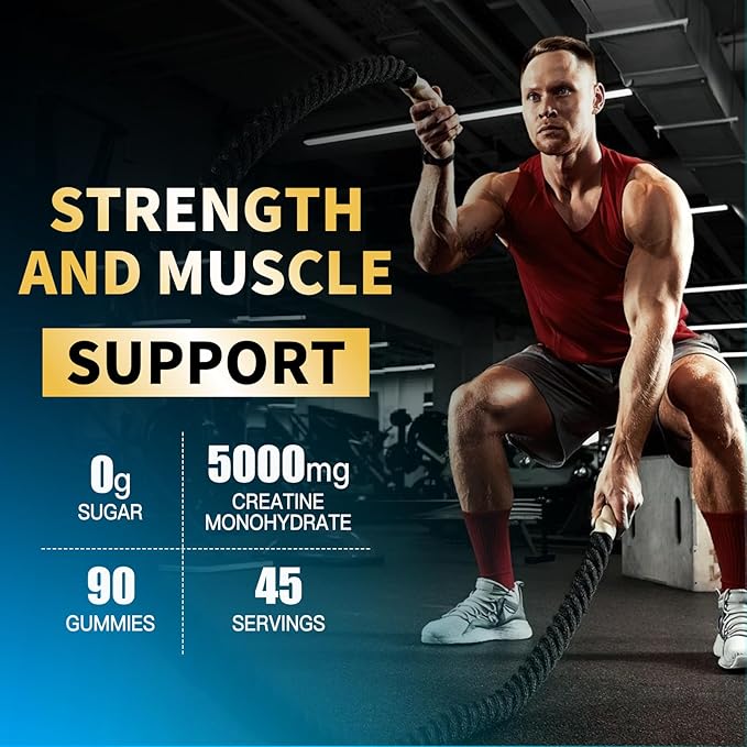 Creatine Monohydrate Gummies 5000mg for Men & Women, Chewables Creatine Monohydrate for Muscle Strength, Muscle Builder, Energy Boost, Pre-Workout Supplement(90 Count)-Blueberry Pineapple.