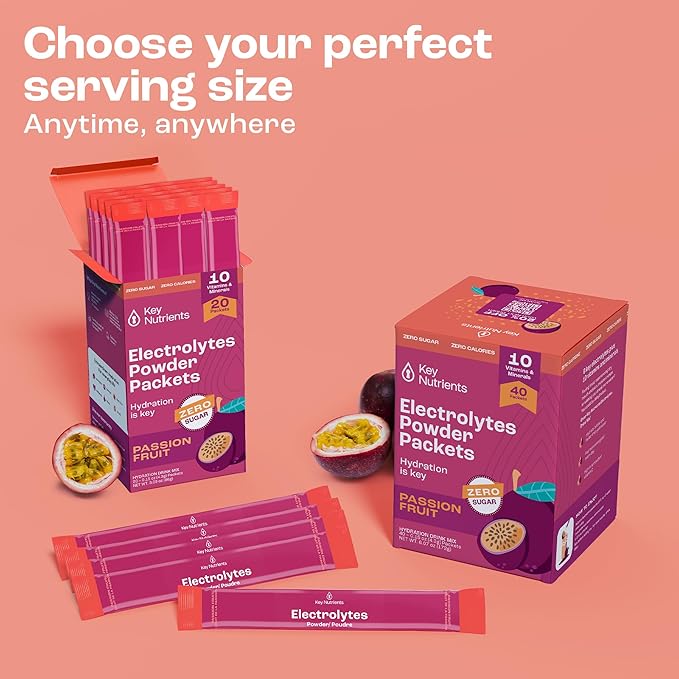 KEY NUTRIENTS Multivitamin Electrolytes Powder Packets - Delicious Passion Fruit 20 Pack Hydration Packets - Travel Hydration Powder - No Sugar, No Calories, Gluten Free - Made in USA