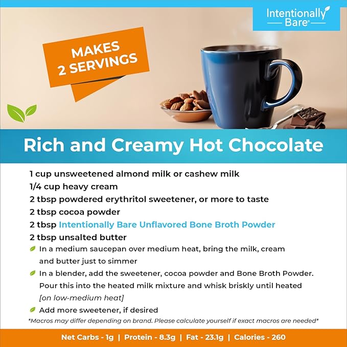 Intentionally Bare Bone Broth Collagen Peptides Powder Unflavored - Dairy Free Collagen Peptide Powder Type 1 & 3 - Pasture Raised & Grass Fed Collagen Protein Powder for Gut & Joints - 20 Servings