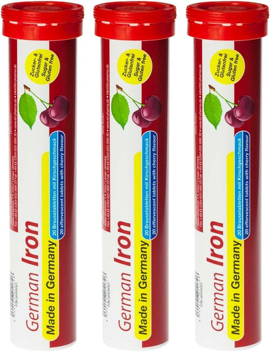 T&D German Iron 14 mg - 60 Vegan Drink Effervescent Tablets - Cherry Flavor - Made in Germany