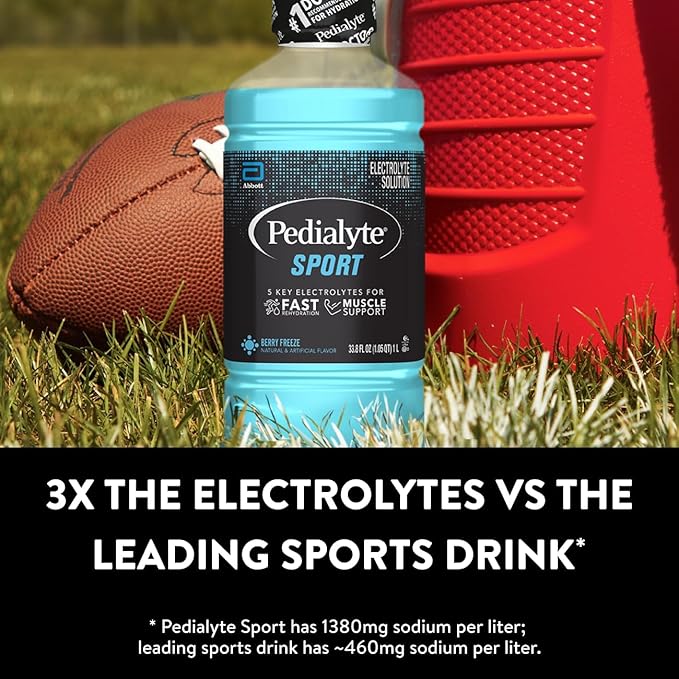 Pedialyte Sport Electrolyte Drink, Fast Hydration with 5 Key Electrolytes for Muscle Support Before, During, & After Exercise, Berry Freeze, 33.8 Fl Oz (Pack of 4)