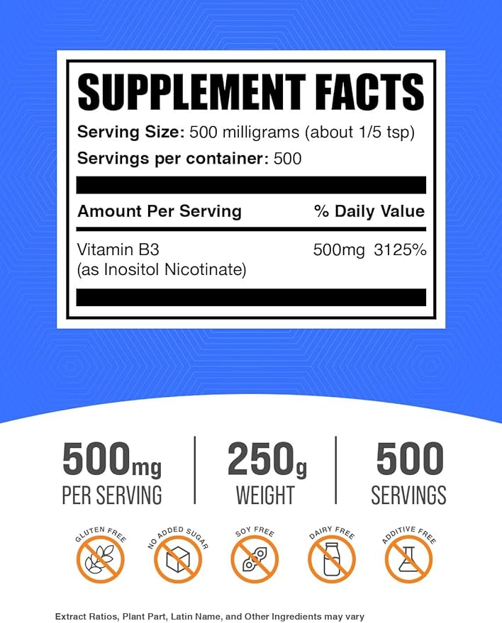 BulkSupplements.com Flush Free Niacin Powder - as Inositol Hexanicotinate, Vitamin B3 Supplement, Niacin 500mg Flush Free - Gluten Free, 500mg of per Serving, 250g (8.8 oz) (Pack of 1)