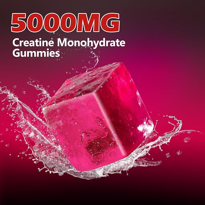 Creatine Monohydrate Gummies 5000mg Sugar Free for Men & Women, with L-Taurine + Vitamin B12 for Muscle Strength, Muscle Builder, Energy Boost, Pre-Workout Supplement, Strawberry, 120 Count