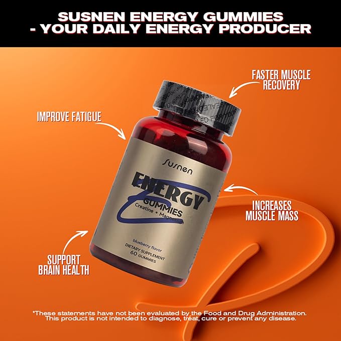 Energy Gummies 5g Creatine Monohydrate Per Serving, 60 Gummies Formula W/L-Taurine + Vitamin B12 for Muscle Builder, Energy Boost, Pre-Workout Supplement Sugar Free, Vegan, Blueberry Flavor
