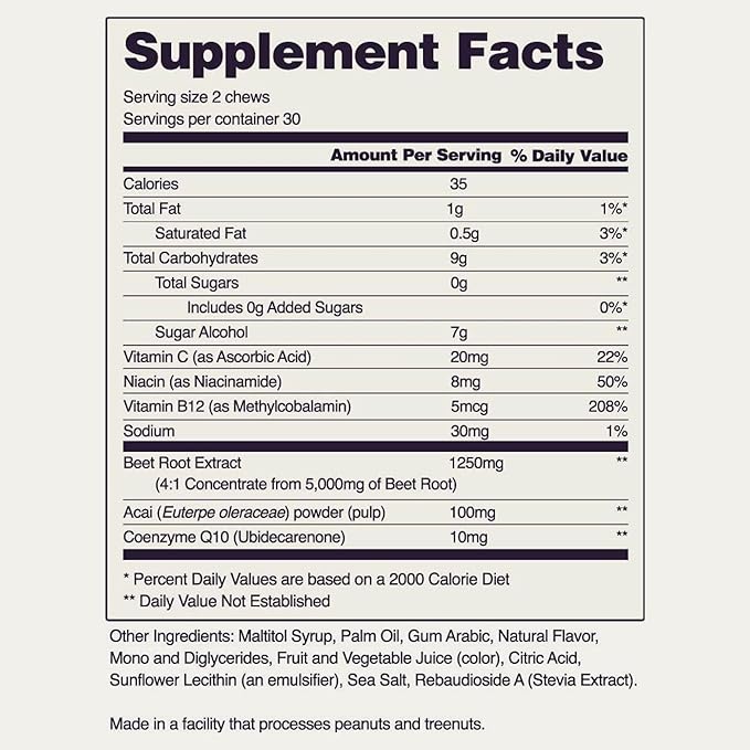 Snap Supplements Nitric Oxide Beet Chews, Nitric Oxide Booster, Natural Energy, Organic Beetroot Powder and COQ10, Support Healthy Blood Flow and Blood Circulation, Sugar-Free, 60 Soft Chews